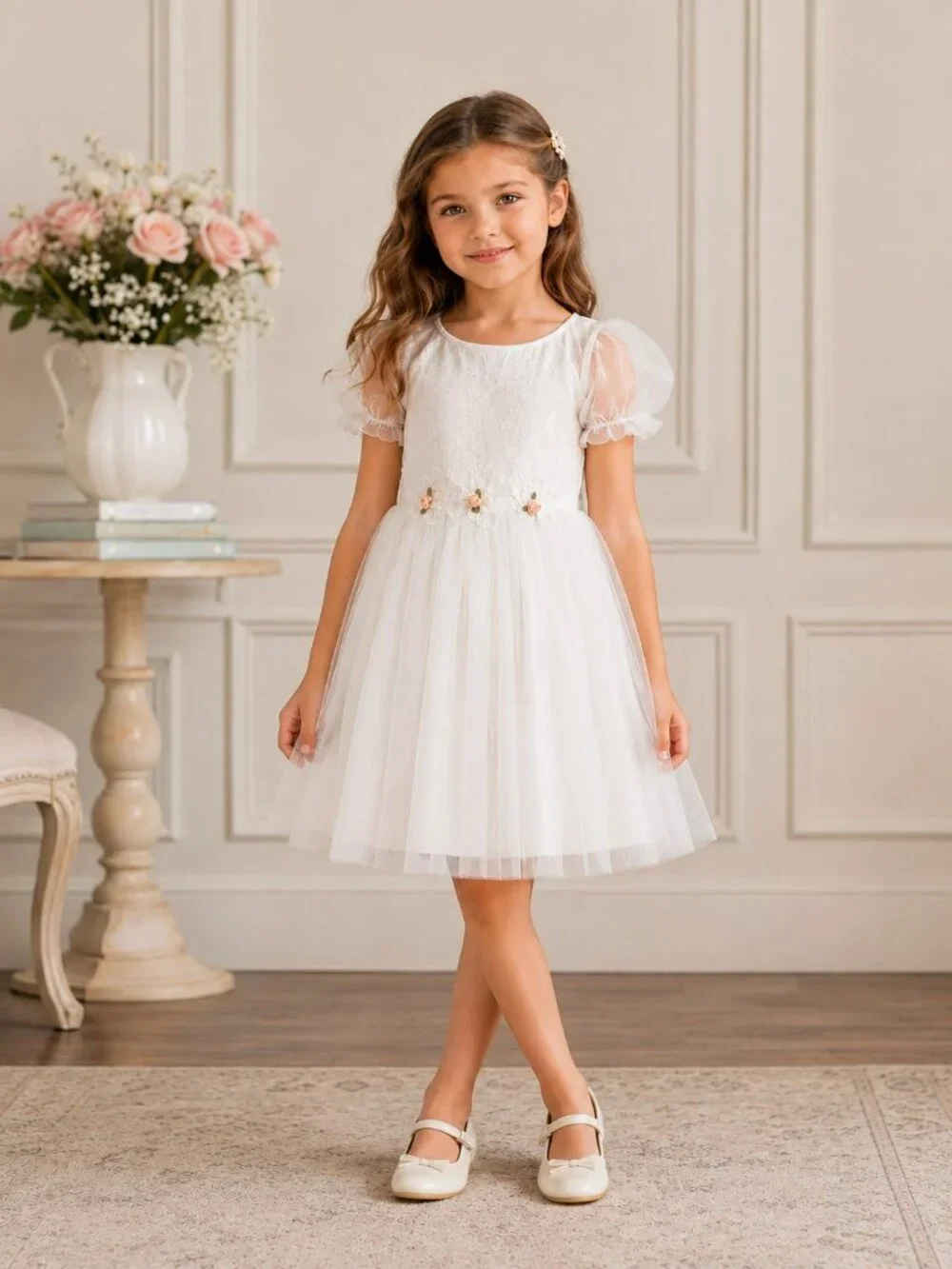 Laura Ashley London White Layered Tulle Short Puff Sleeve Dress Girls Size 6